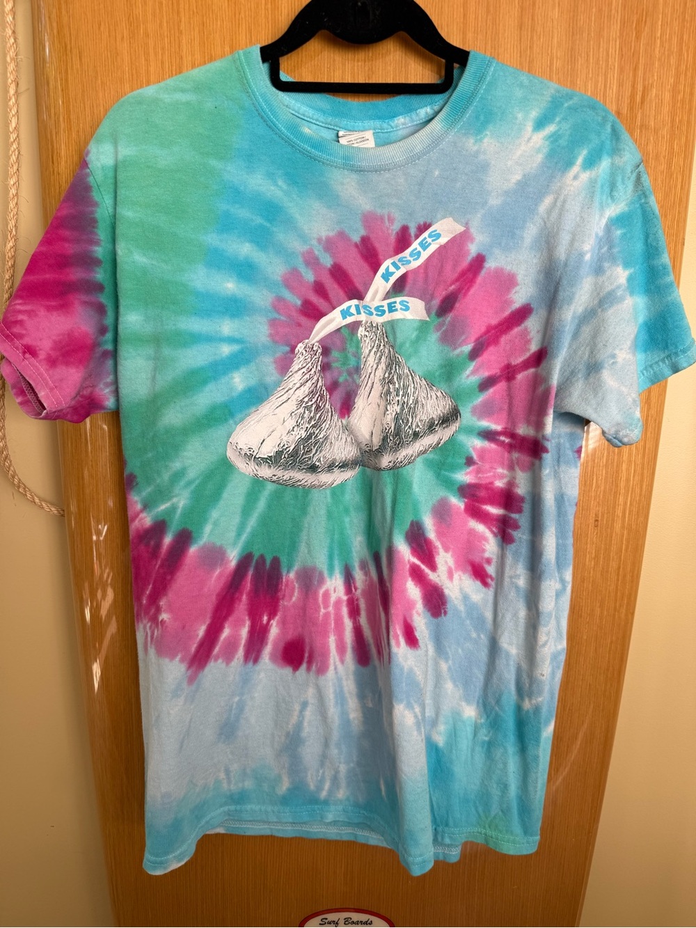 Gildan Tie-Dye Tee with Hershey Kisses Graphic - Blue Pink Green